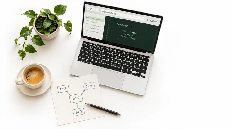 Ноутбук с кодом REST API и нарисованная от руки схема интеграции с ERP, CRM и электронными торговыми площадками