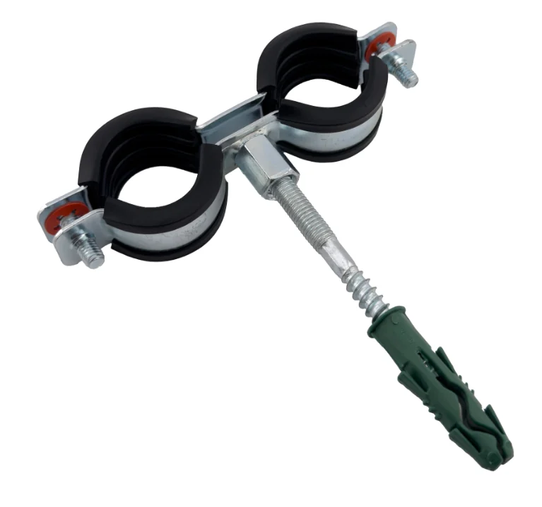 Хомут двойной, Конкреп, с EPDM, M8/M10, 32-35 мм, 1", винт-шуруп 8х80 мм + дюбель, в пакете Зиплок, оцинкованная сталь