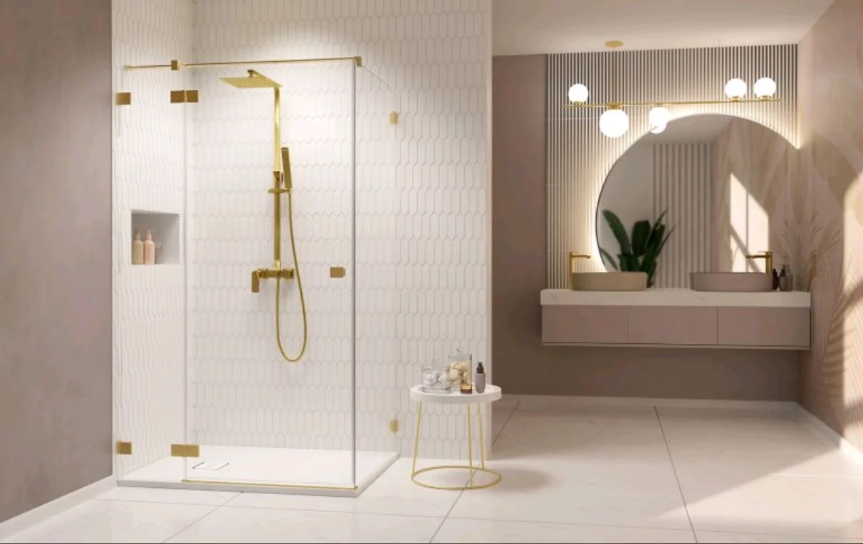 Дверь, Radaway, Essenza Pro KDJ, шв 1000*2000, петли-слева, brushed gold, цвет стекла-прозрачный, Easy Clean