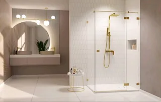 Дверь, Radaway, Essenza Pro KDJ, шв 1200*2000, петли-справа, brushed gold, цвет стекла-прозрачный, Easy Clean