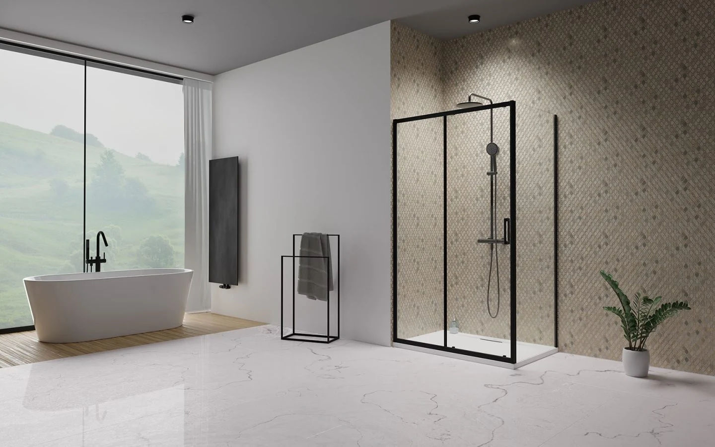 Дверь, Radaway, Premium Pro KDJ, шв 1400*2000, петли-слева, черный, цвет стекла-прозрачный, Easy Clean