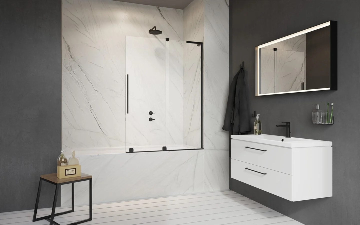Шторка на ванну, Radaway, Furo SL PND II, шв 538*1500, петли-справа, цвет фурнитуры-черный, цвет стекла-прозрачный, Easy Clean
