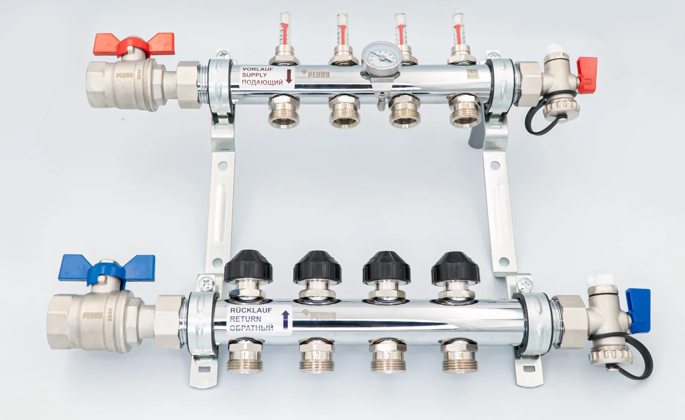 Коллектор, 1", HKV-D 4, выход-3/4" ЕК, PN, бар-6, T°C +70, с шаровыми кранами и расходомерами, нержавеющая сталь