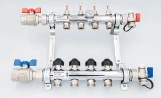 Коллектор, 1", HKV-D 8, выход-3/4" ЕК, PN, бар-6, T°C +70, с шаровыми кранами и расходомерами, нержавеющая сталь