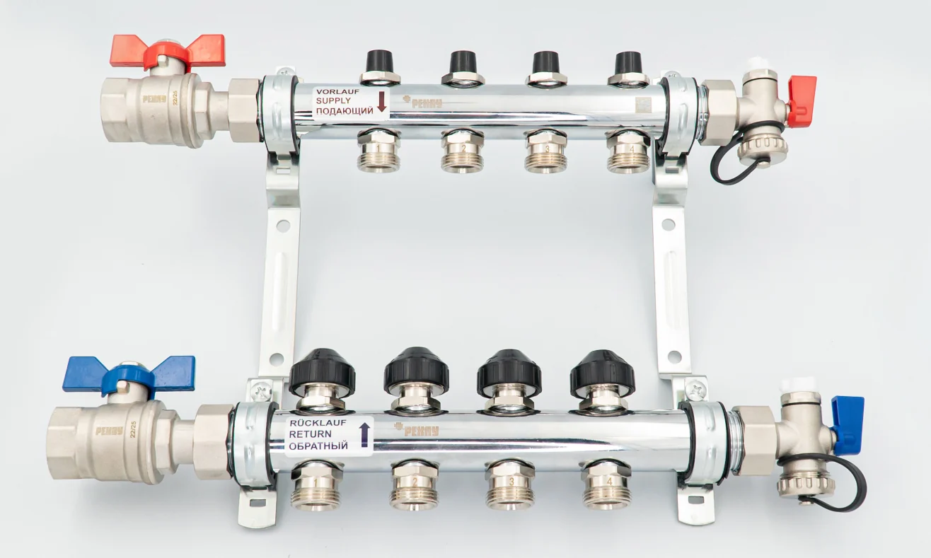 Коллектор, 1", HKV 6, выход-3/4" ЕК, PN, бар-10, T°C +95, с шаровыми кранами и запорно-регулирующими вентилями, нержавеющая сталь