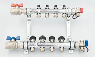 Коллектор, 1", HKV 10, выход-3/4" ЕК, PN, бар-10, T°C +95, с шаровыми кранами и запорно-регулирующими вентилями, нержавеющая сталь