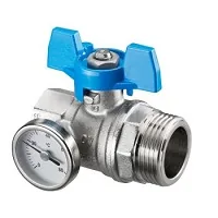 Шаровой кран Ду20 с плоским уплотнением, G3/4"BP x G1"HP, с синим маховиком — иконка