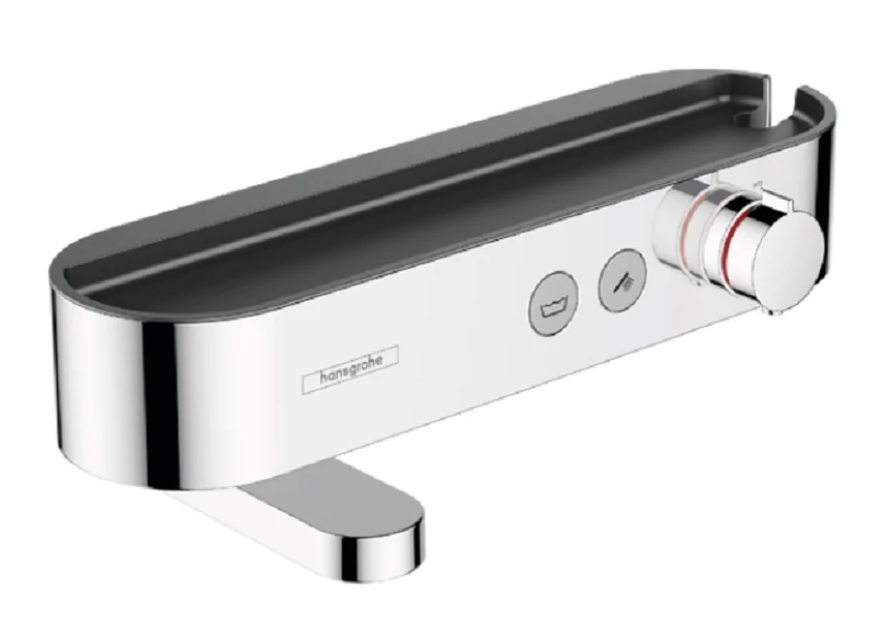 Смеситель для ванны и душа, Hansgrohe, ShowerTablet Select, с полочкой из матового черного пластика, цвет-хром