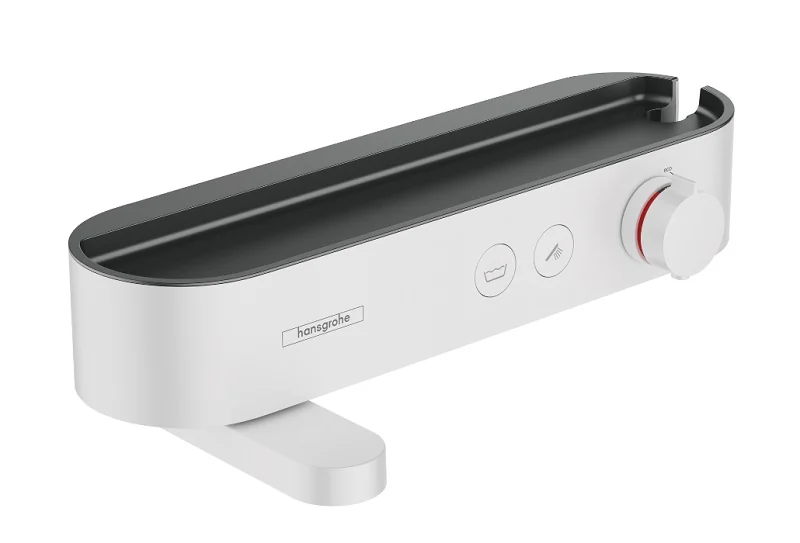Смеситель для ванны и душа, Hansgrohe, ShowerTablet Select, с полочкой из матового черного пластика, цвет-белый матовый