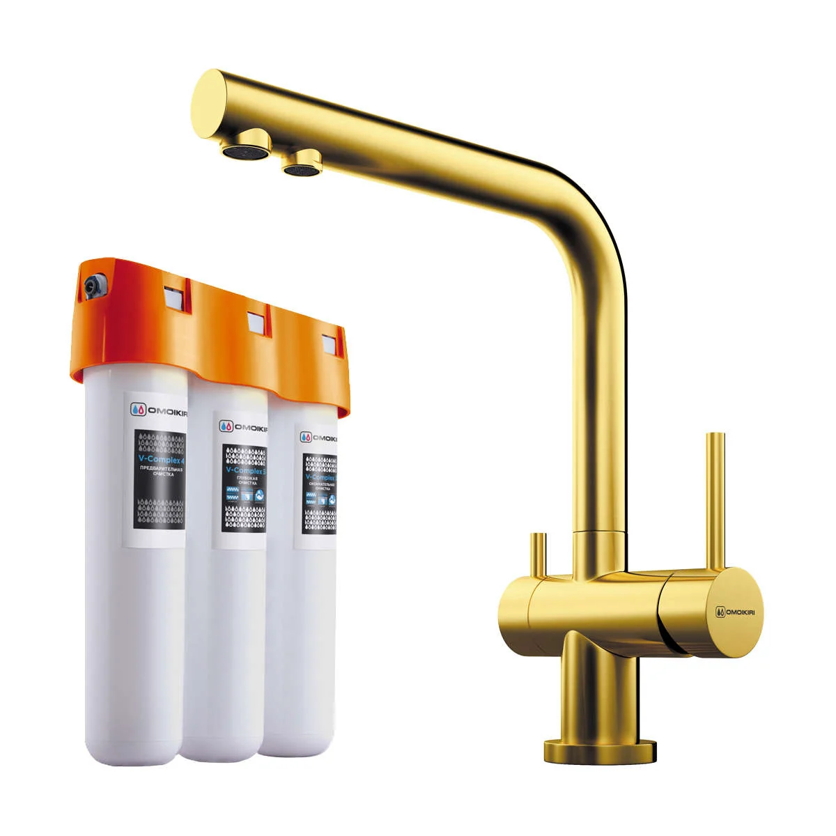 Смеситель для кухни, Omoikiri, Nagano, цвет-светлое золото + водоочиститель PURE DROP Lite
