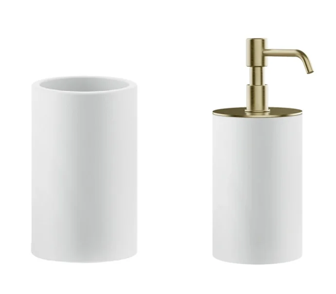 Набор аксессуаров, Gessi, Rilievo, стакан, цвет-белый/хром + дозатор для жидкого мыла, цвет-белый/брашированная латунь