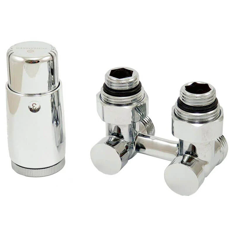 Комплект, Schlosser, Standard MINI 6008, узел нижнего подключения угловой, G 3/4"x3/4", с термоголовкой MINI M30x1,5, цвет-хром + 2 ниппеля 1/2"x3/4"