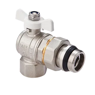Кран-американка шаровой, Premium, угловой, 1/2", НВ, PN 40, ручка-бабочка, с полусгоном и самоуплотняющимся кольцом