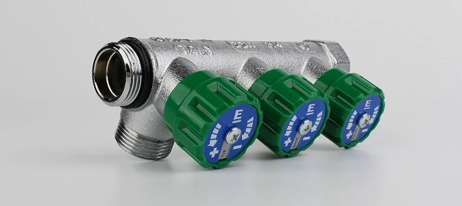 Коллектор модульный, ELSEN, 1", 2 контура, размер отвода-3/4" ЕК, вентили под 90°, TIN латунь
