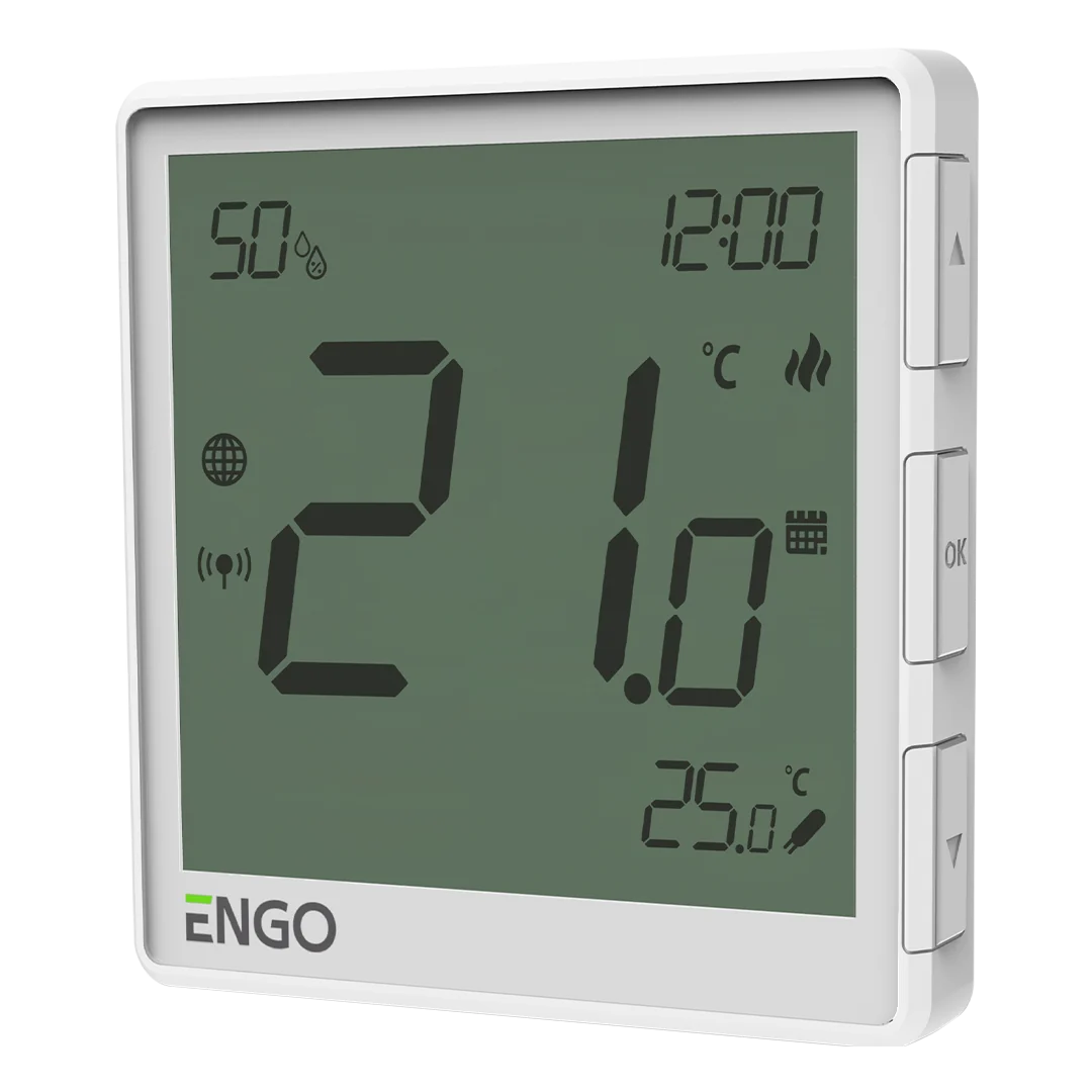 Универсальный терморегулятор, Engo Controls, белый, с модулем Zigbee, с питанием 230, со встроенным датчиком влажности, с возможностью подключения датчика пола