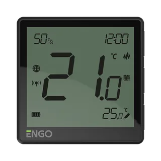 Терморегулятор, Engo Controls, беспроводной, черный, с модулем Zigbee, с аккумулятором, со встроенным датчиком влажности — иконка