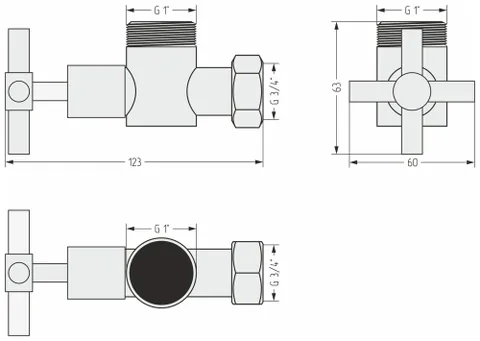 Вентиль, Сунержа, угловой, крест, шгв 63*123*60, НР G 1" / НГ G 3/4", цвет-сталь (без покрытия) — изображение 1