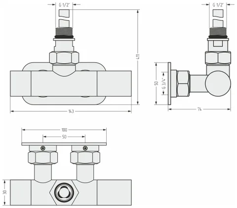 Вентиль, Сунержа, 1 х НР G 1/2" / 2 х НГ G 3/4", угловой, правый, маховик-скрытый, EU50, цвет-сталь (без покрытия) — изображение 1