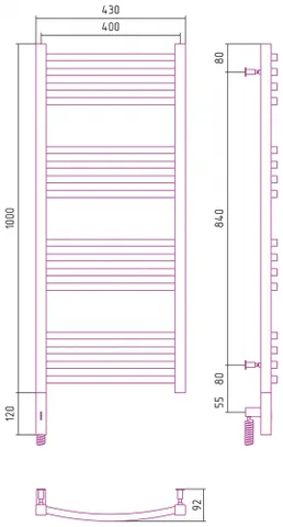 Полотенцесушитель, Сунержа, Аркус 3.0, шгв 430*92*1120, нижнее слева, МЭМ, цвет-сталь — изображение 1