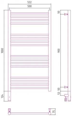 Полотенцесушитель, Сунержа, Богема 3.0, шгв 532*75*1124, нижнее слева, МЭМ, цвет-сталь — изображение 1