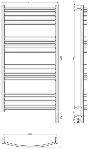 Полотенцесушитель, Сунержа, Богема 3.1, выгнутая, шгв 632*118*1324, нижнее справа, МЭМ, цвет-чёрный матовый — изображение 1