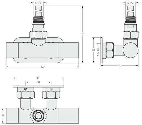 Вентиль, Сунержа, 1 х НР G 1/2" / 2 х НГ G 3/4", угловой, правый, маховик-скрытый, EU50, цвет-золото — изображение 1