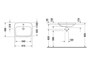 Раковина, Duravit, Durastyle, шгв 615*495*170, отверстия для смесителя-1, цвет-белый — изображение 1