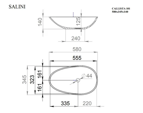 Раковина, Salini, Callista, шгв 580*345*140, отверстия для смесителя-отсутствуют, цвет-белый глянцевый — изображение 1