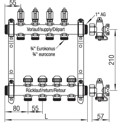Коллектор, 1", HKV-D 7, выход-3/4" ЕК, нержавеющая сталь — изображение 2