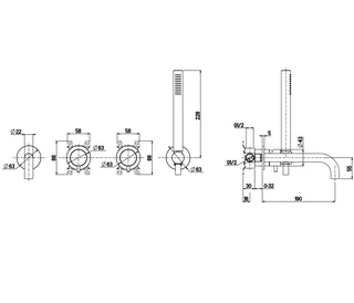 Смеситель для ванны и душа, Quadro design, Source, настенный встраиваемый, 2 поребителя, цвет-Light Gold PVD — изображение 1