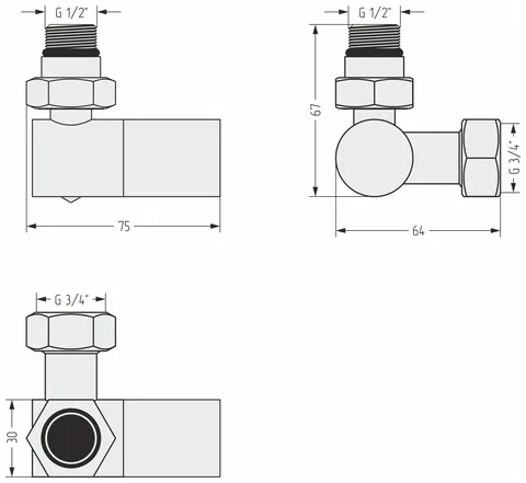 Вентиль, Сунержа, 3D, G 1/2" НР х G 3/4" НГ, левый, цилиндр, цвет-тёмный титан муар — изображение 1