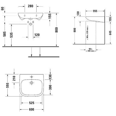 Раковина, Vital, Duravit, D-Code, шгв 600*555*155, отверстия для смесителя-1, цвет-белый — изображение 1