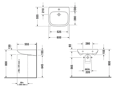 Раковина, Duravit, D-Code, шгв 600*555*155, отверстия для смесителя-1, цвет-белый — изображение 1