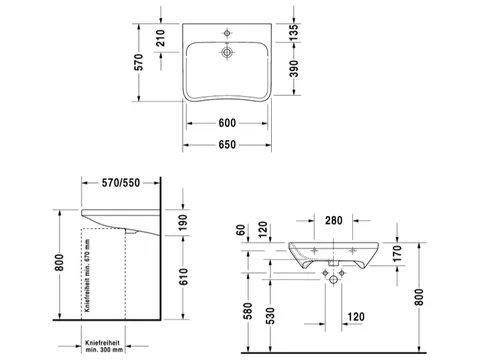Раковина, Duravit, Durastyle, шгв 650*570*170, отверстия для смесителя-1, цвет-белый — изображение 1