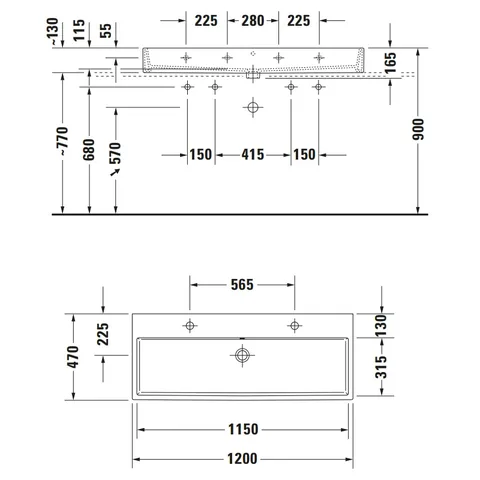 Раковина, Duravit, Vero Air, шгв 1200*470*165, шлифованный, отверстия для смесителя-2, цвет-белый — изображение 1