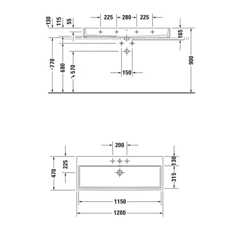 Раковина, Duravit, Vero Air, шгв 1200*470*165, шлифованная, отверстия для смесителя-1, цвет-белый — изображение 1