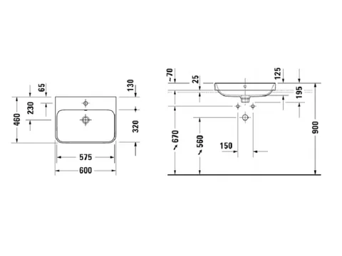 Раковина, Duravit, Happy D.2 Plus, шгв 600*460*195, отверстия для смесителя-отсутствуют, цвет-белый/антрацит матовый — изображение 1