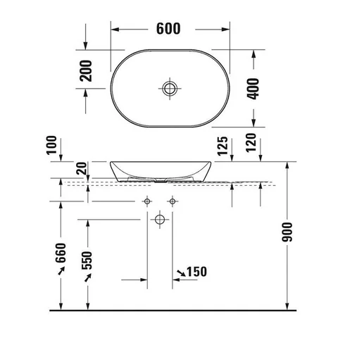 Раковина, Duravit, D-Neo, шгв 600*400*120, отверстия для смесителя-отсутствуют, WonderGliss, цвет-белый глянцевый — изображение 1