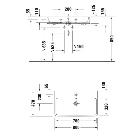 Раковина, Duravit, Qatego, шгв 800*470*155, шлифованная, отверстия для смесителя-1, цвет-белый — изображение 1