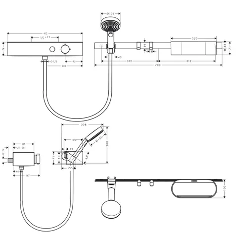 Душевой комплект, Hansgrohe, WallStoris, ручной душ, термостат, шланг для душа, штанга, корзина для хранения, крючок, держатель, цвет-белый матовый — изображение 1