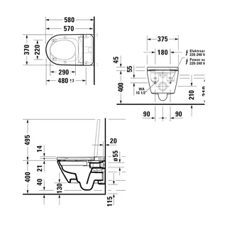 Унитаз, Duravit, D-Neo, Sensowash, подвесной, шгв 375*575*400, HygieneGlaze, цвет-белый — изображение 1