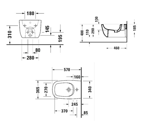 Биде, Duravit, Aurena, подвесной, шгв 365*570*290, HygieneGlaze, цвет-белый — изображение 1