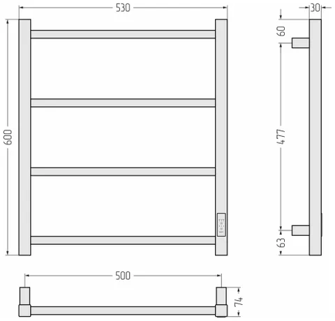 Полотенцесушитель, Сунержа, Стилье Формат 26, шгв 530*74*600, нижнее справа, МЭМ, цвет-белый матовый — изображение 1