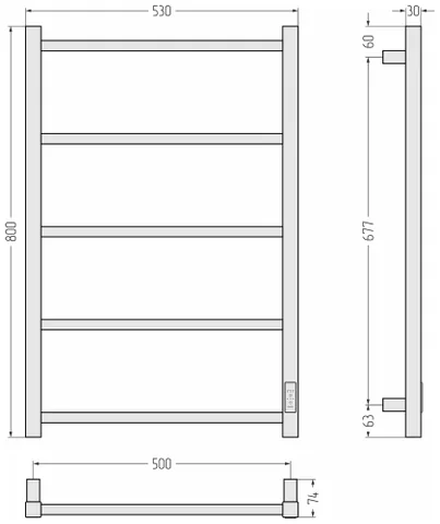 Полотенцесушитель, Сунержа, Стилье Формат 26, шгв 530*74*800, нижнее справа, МЭМ, цвет-черный матовый — изображение 1