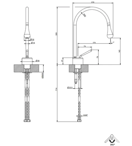 Смеситель для раковины, Gessi, Goссia, цвет-Antique Brass — изображение 1