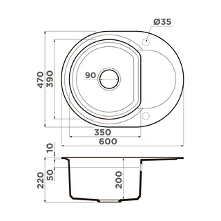 Мойка, OMOIKIRI, Sakaime, шгв 600*470*220, отверстия для смесителя-2 промаркированных, цвет-чёрный — изображение 1