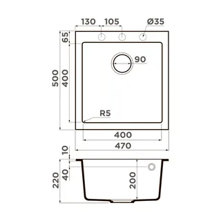 Мойка, OMOIKIRI, Bosen, шгв 470*500*220, отверстия для смесителя-3 промаркированных, цвет-платина — изображение 1