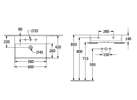 Раковина, Villeroy&Boch, Memento 2.0, шгв 600*420*140, отверстия для смесителя-1 сквозное, 2 промаркированных, CeramicPlus, цвет-альпийский белый — изображение 1