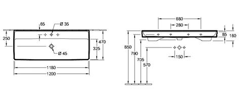 Раковина, Villeroy&Boch, Collaro, шгв 1200*470*160, отверстия для смесителя-1 сквозное, 2 промаркированных, CeramicPlus, цвет-камень белый — изображение 1