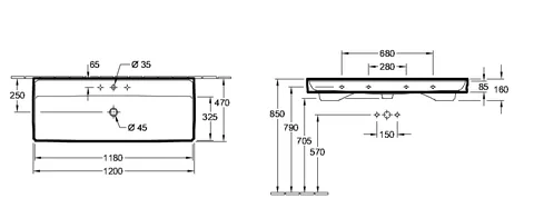 Раковина, Villeroy&Boch, Collaro, шгв 1200*470*160, отверстия для смесителя-1 сквозное, 2 промаркированных, цвет-альпийский белый — изображение 1